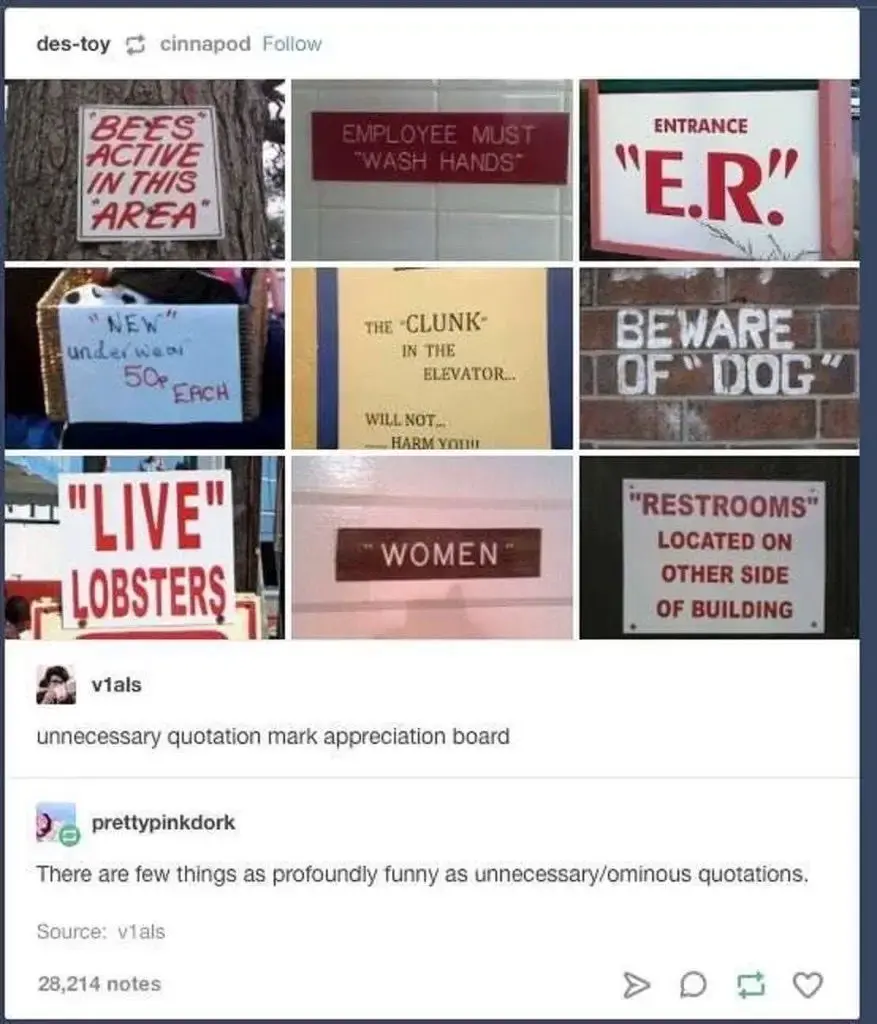 A 3x3 grid of signs all featuring weirdly placed quotation marks