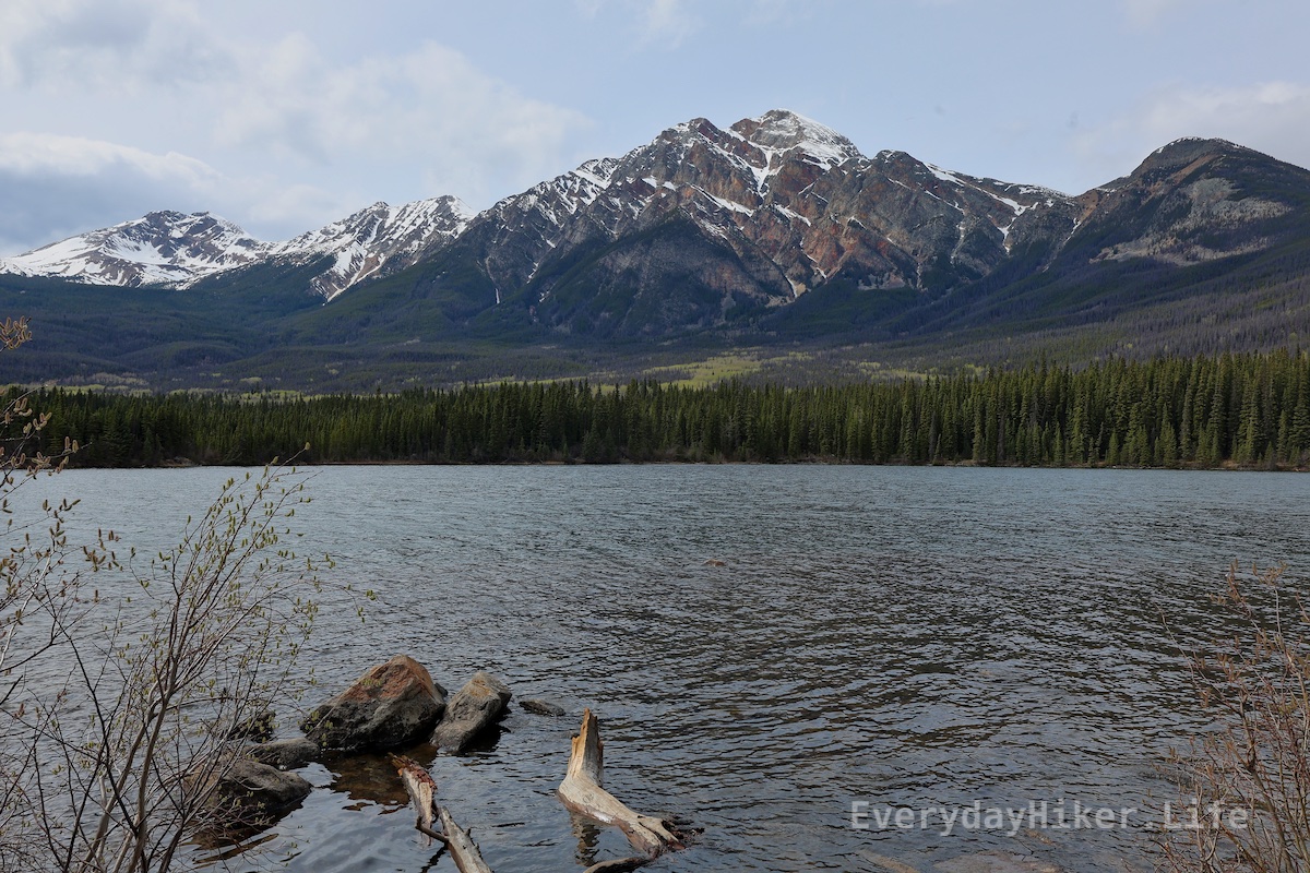 Pyramid mountain sits across the lake from this spot on the small island.