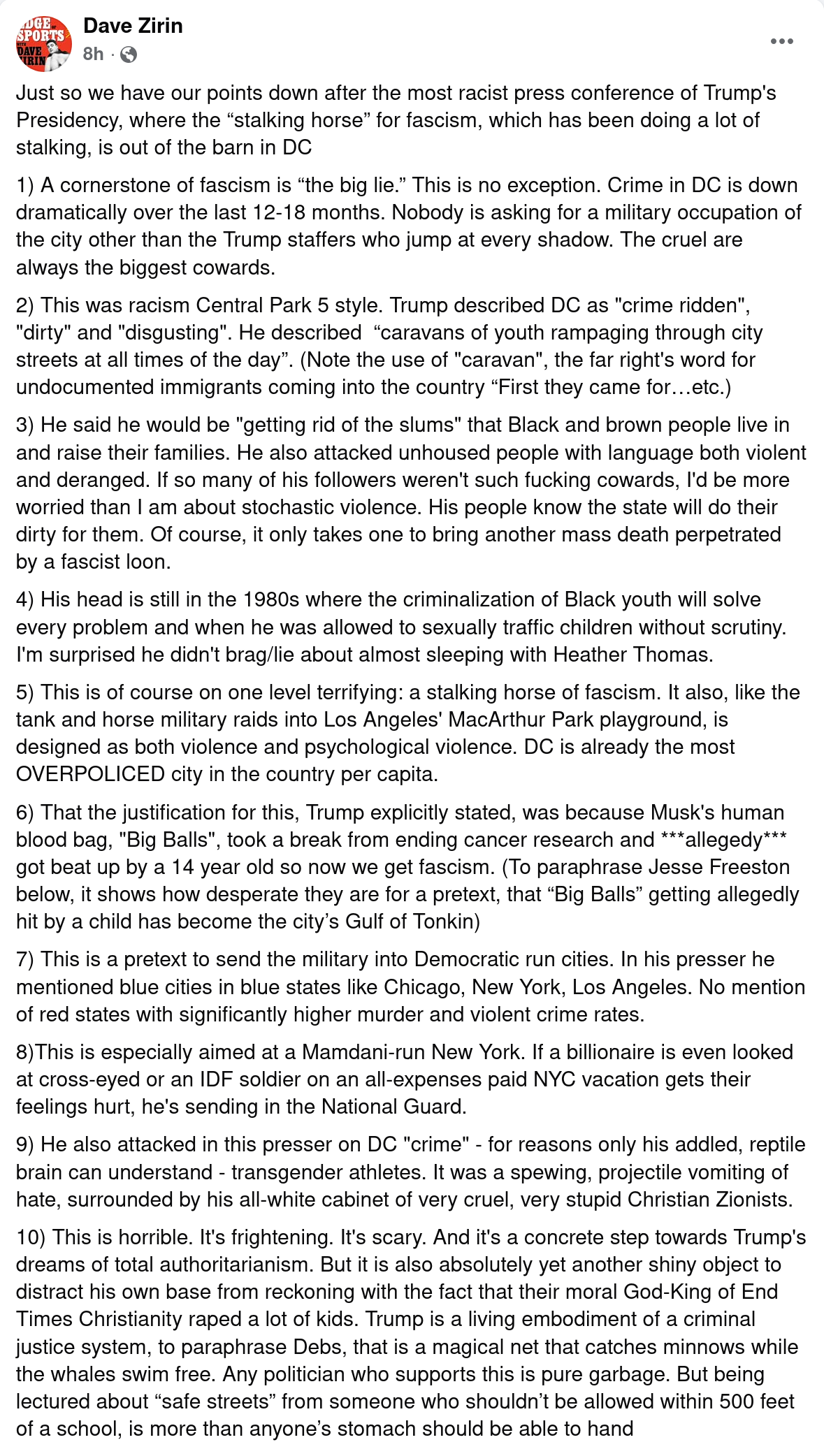 Screenshot of Dave Zirin Facebook post