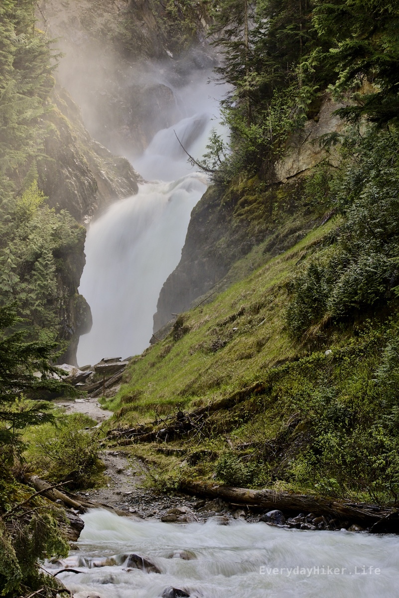Two back to back falls flow under a thick mist cloud.  Near the falls was like standing in a rain storm.