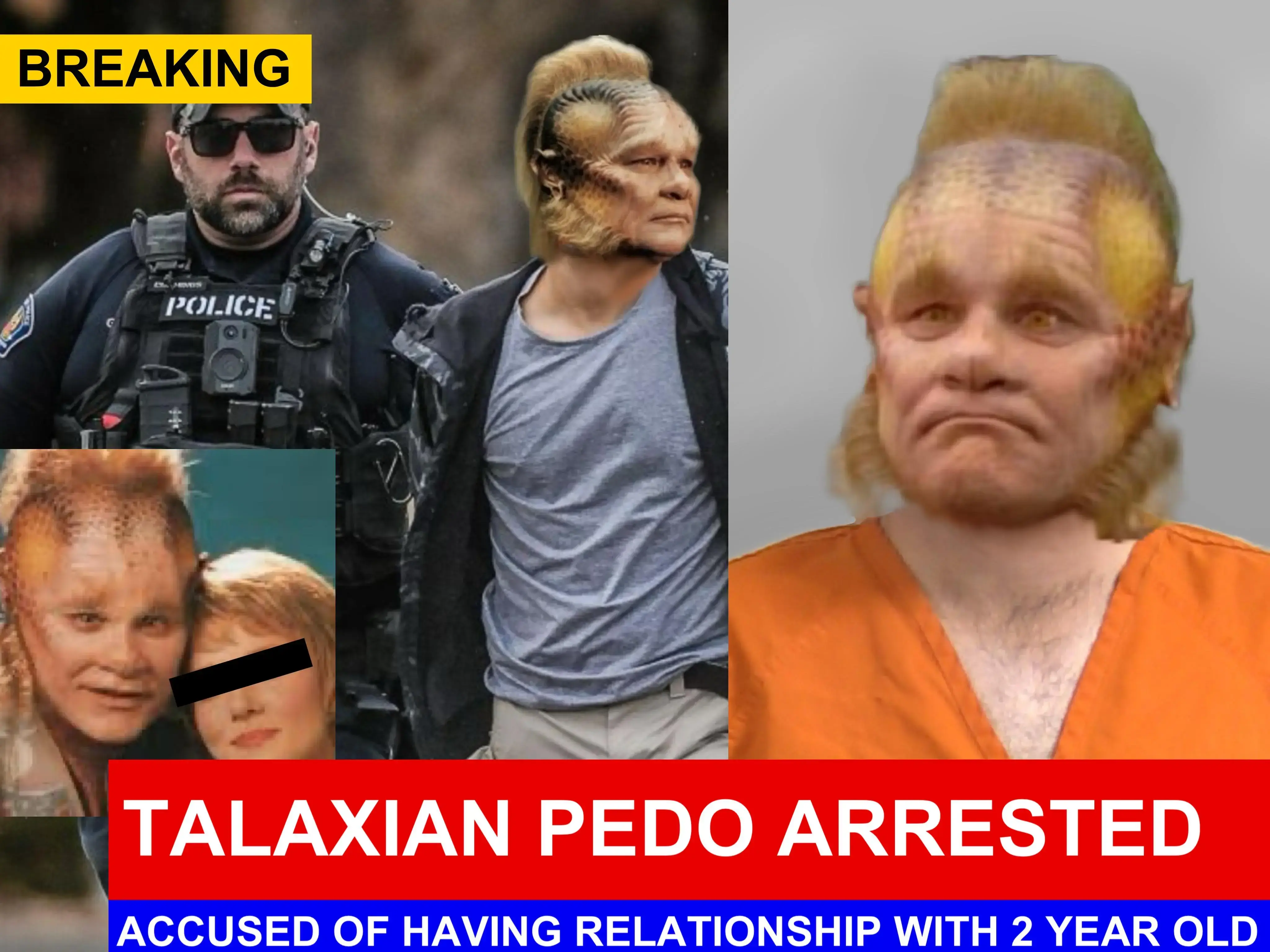 A fake headline that looks like a news network covering a story reading:   "TALAXIAN PEDO ARRESTED - ACCUSED OF HAVING RELATIONSHIP WITH 2 YEAR OLD"  The image features Neelix's photoshopped onto the following:  A mugshot in an prisoner's orange jumpsuit, frowning.  Being escorted by a police officer.  A photo of Kes and Neelix, with Kes' eyes being censored by a black bar for concealing her identity.