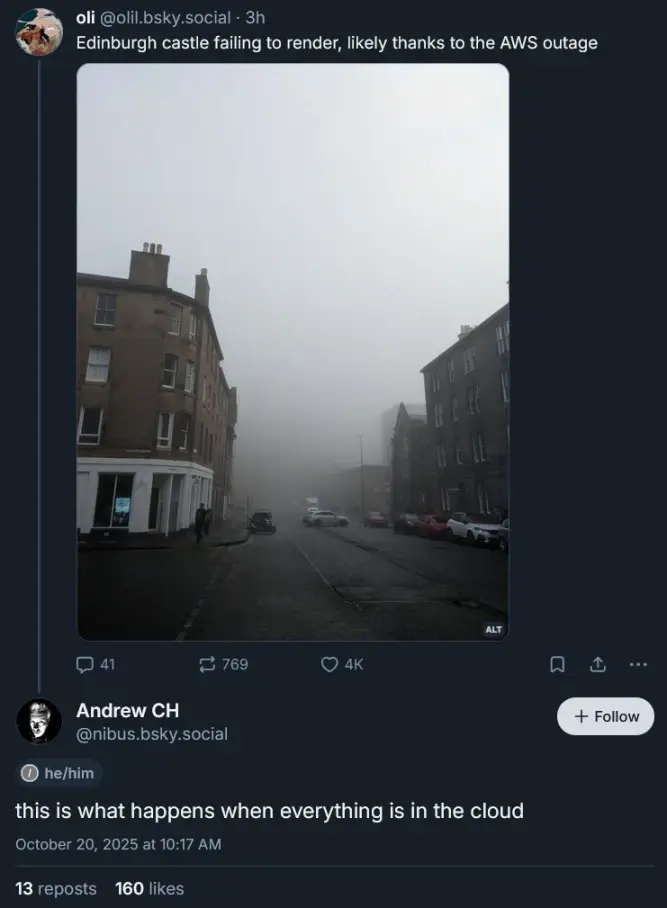 Microblog post:"Edinburgh castle failing to render, likely thanks to the AWS outage" Very foggy picture. Reply:"this is what happens when everything is in the cloud"