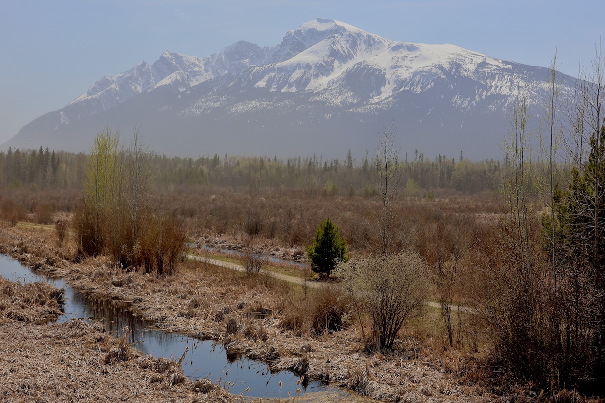 The view from one of the lookout towers with a mountain half covered in snow looming in the distance.  The wind in the valley caused a dusty haze.