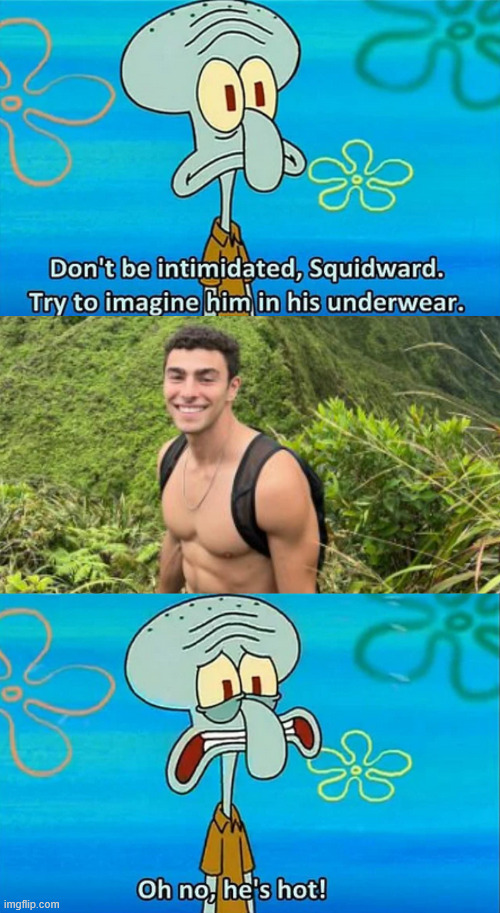 First frame is captioned: "Dont be intimidated, try to imagine him in his underwear". Seccond panel: photo of Luigi Mangione shitless. Third panel: "Oh no hes hot"