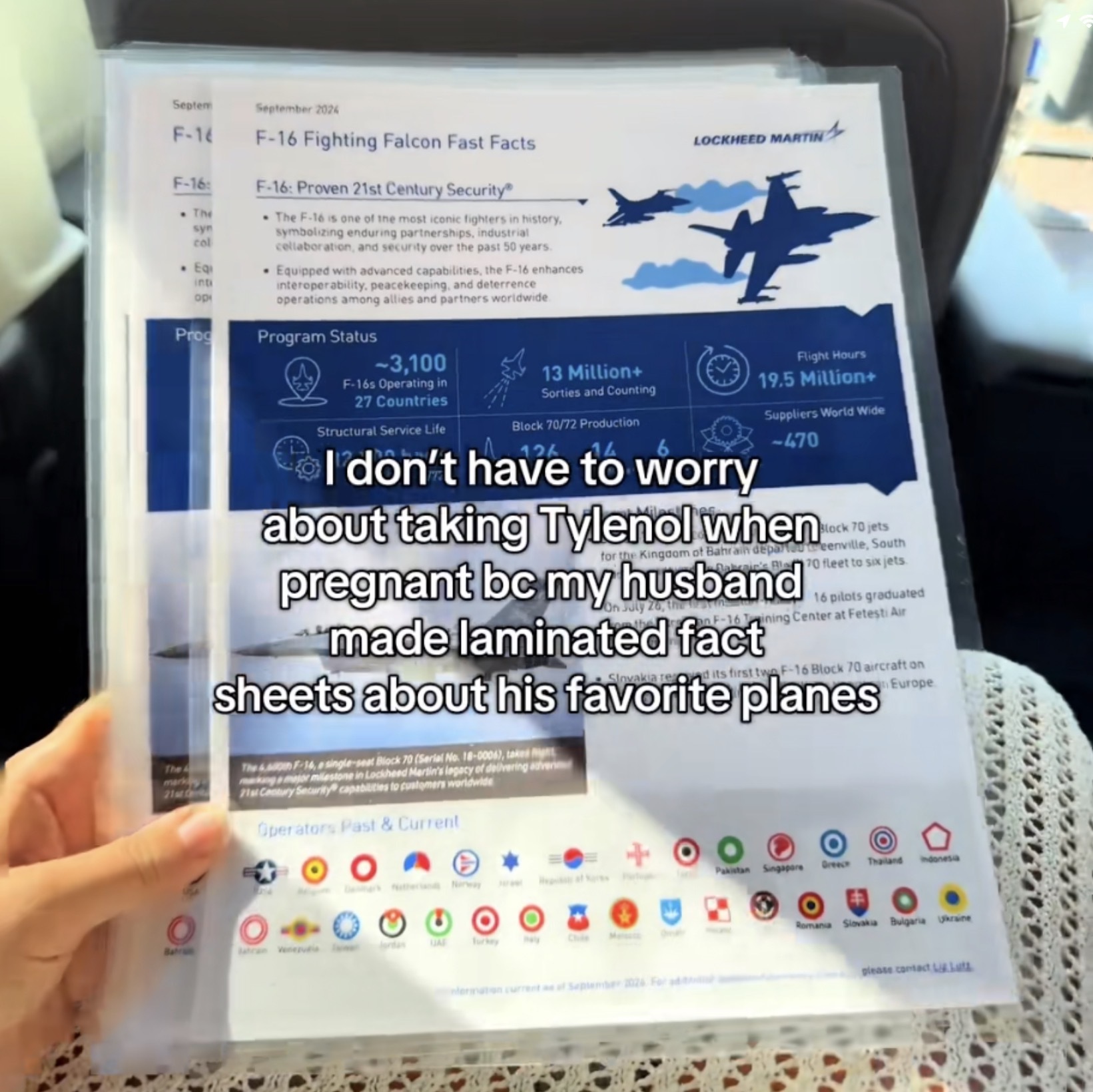 A photo of a stack of laminated pages of airplane facts with the caption “I don't have to worry about taking Tylenol when I’m pregnant bc my husband made laminated fact about his favorite planes”
