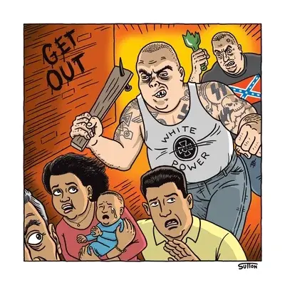 2 burly racists (one in a Confederate flag T-shirt, one in a "White Power" wife beater shirt and covered in Nazi tattoos) chase a migrant family with weapons. The racists' clothes are replaced with ICE uniforms, and a speech bubble appears saying "Trump's creating jobs!".