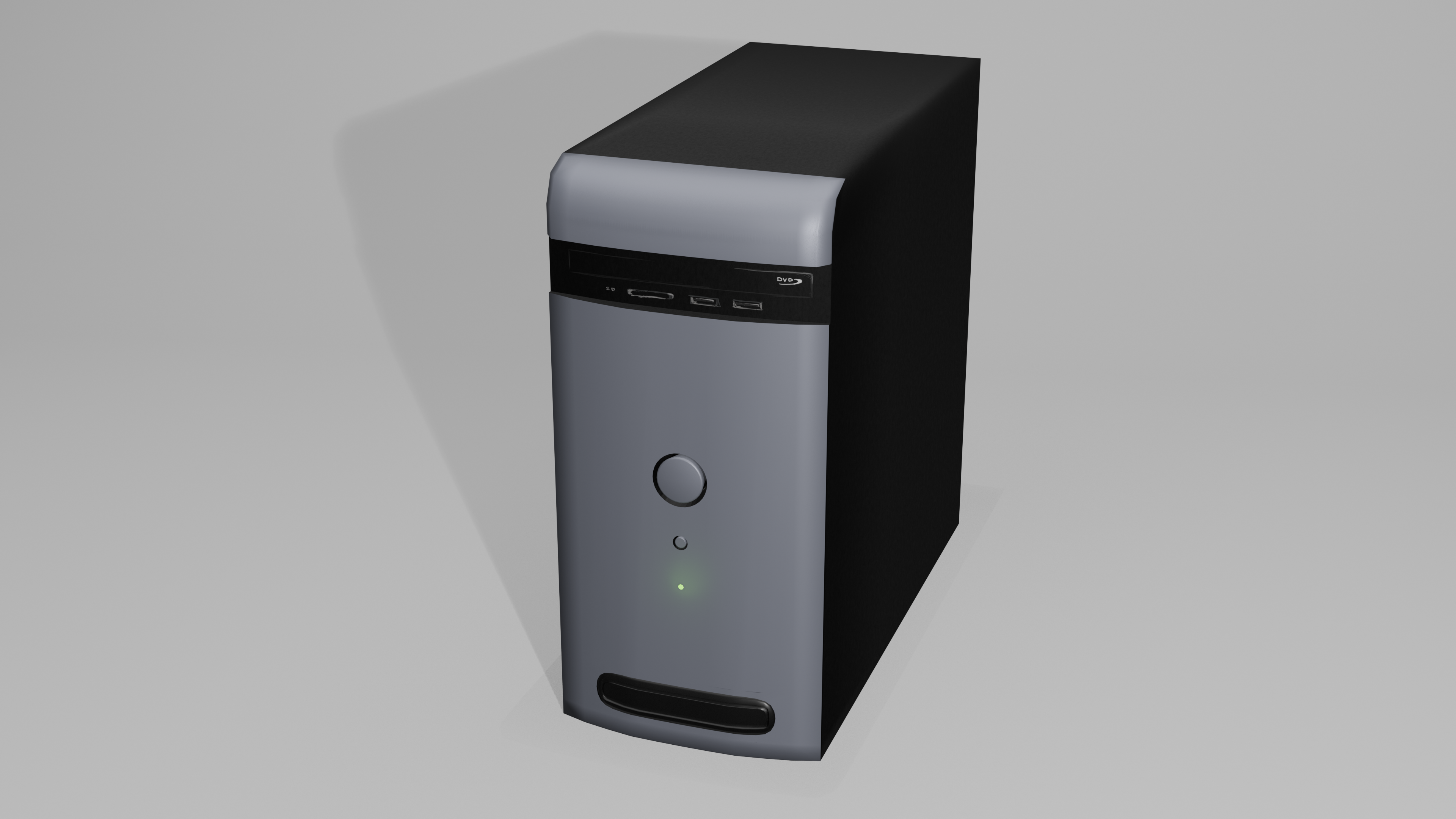3D render of a pc tower with a silver front and black sides. The front panel is slightly curved, with a recessed area for the disk drive, some USB and a SD card slot. Further down is a big round, silver button that turns the PC on or off. Below it is a slightly smaller button, I am not sure anymore, but I believe it said "reset" underneath. Further down is a small green LED. At the bottom of the front is an oval air intake - or atleast that's what I think it is in hindsight.