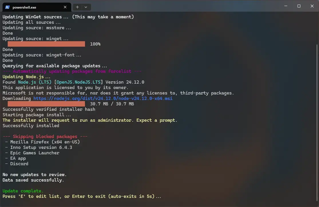 Screenshot of the WinGet Updater terminal window running automatic installs.
