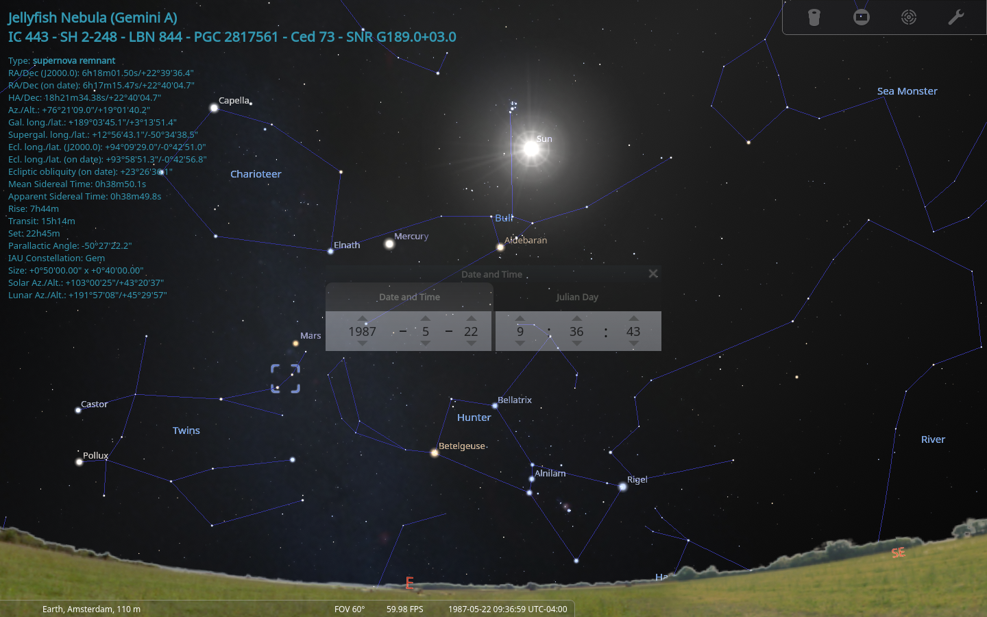 Screenshot from Stellarium, which shows that "my" constellation Gemini (Twins) rises together with the sun in the *morning* of my birthday.