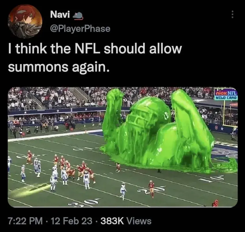 "I think the NFL should allow summons again." Picture of a American football game with a huge player made of green slime