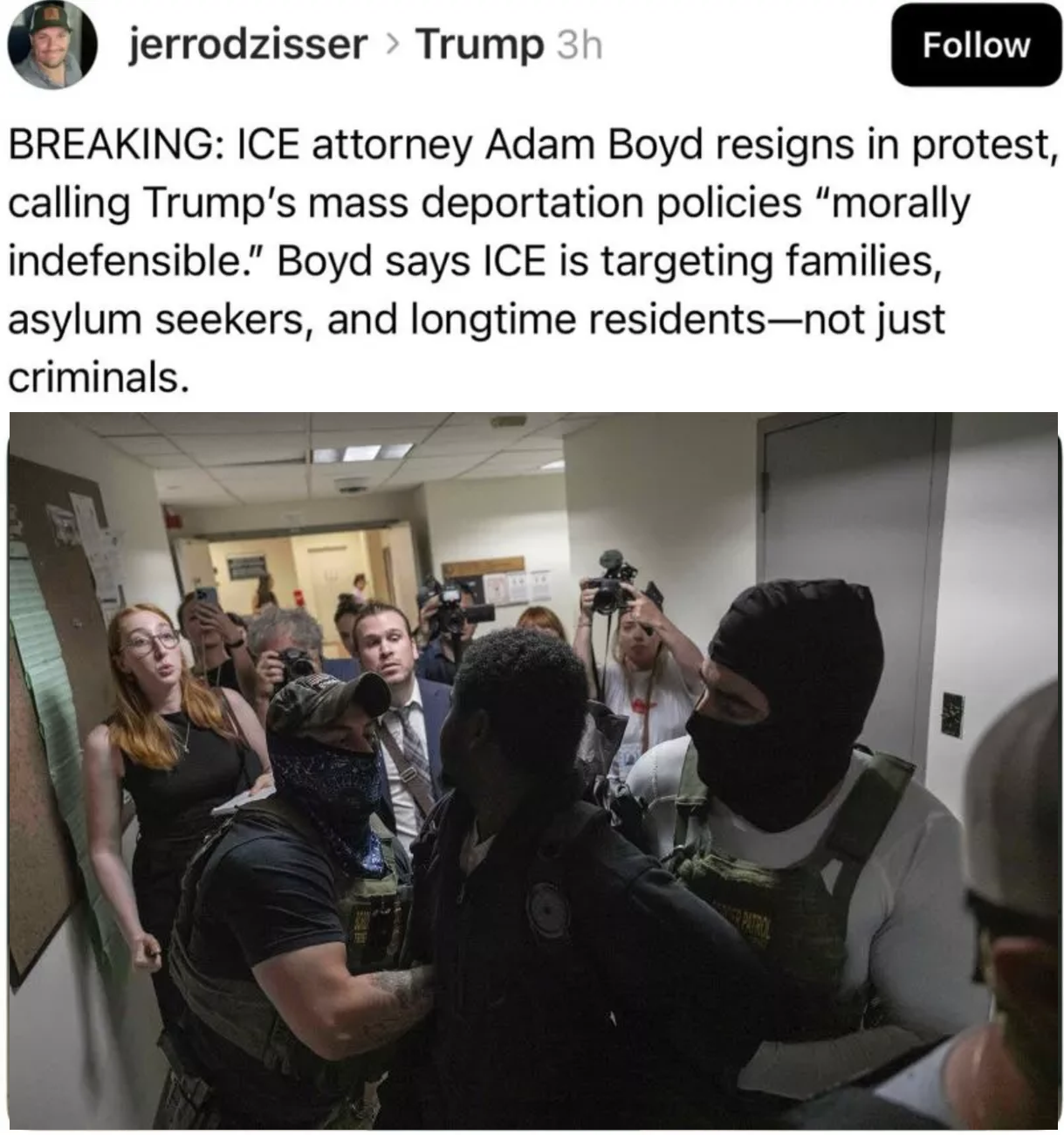 Ice Attorny resigning with raised fist and box of belongings after realizing he's one of the bad guys